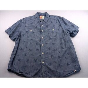 RuffHewn Mens XL Blue Bird Print Short Sleeve Button Down Chambray Shirt Pocket